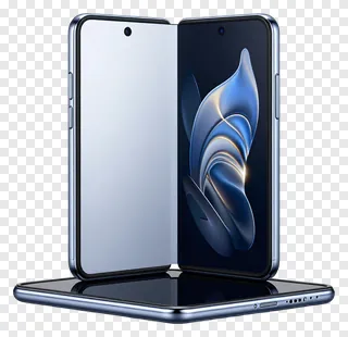 Open blue foldable smartphone with abstract display.