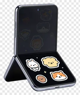 A foldable smartphone showing animal stickers on its screen.