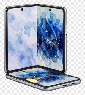 A foldable smartphone with a blue watercolor design on its screens.