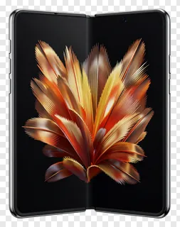 Open foldable smartphone showing golden feather artwork on screen.
