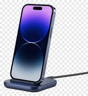 A smartphone on a blue charging stand.