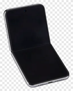 An open silver foldable smartphone with black screens.