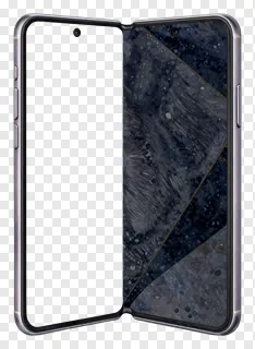 A silver foldable smartphone partially open.