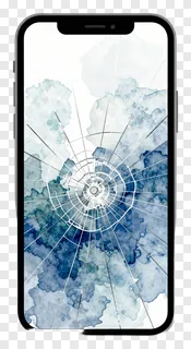 Smartphone with a cracked screen showing blue watercolor design.