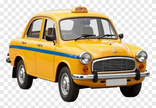 Classic yellow taxi with blue stripe and roof light.