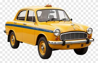Classic yellow Kolkata taxi viewed from the front-left side.