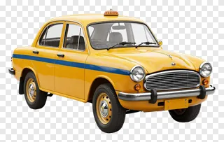 Classic yellow taxi with blue stripe and roof light.
