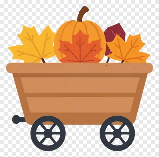 Cart loaded with autumn pumpkins and maple leaves.