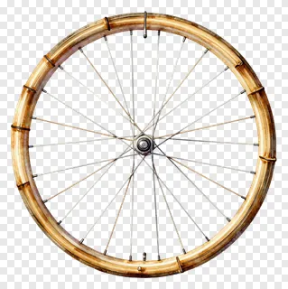 A bamboo bicycle wheel with metal spokes.