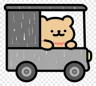 A cartoon bear driving a rain-slicked delivery cart.