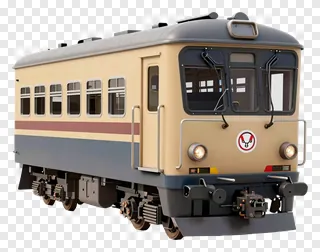 A beige and gray train car with a red stripe.