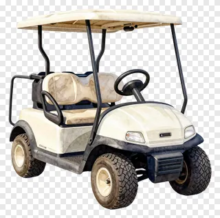 A beige golf cart with a canopy and four wheels.