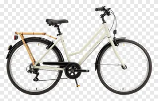 Cream bike featuring a bamboo luggage rack.