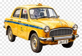 Yellow Kolkata taxi painted in watercolor with blue stripe.