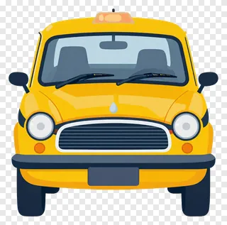 Front view of a yellow cartoon taxi.