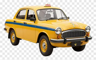 Classic yellow taxi with blue stripe on white background.