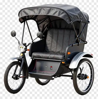 A black motorized rickshaw with side mirrors.