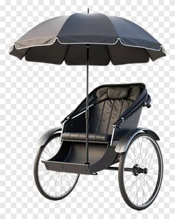 Black rickshaw with an umbrella for shade.