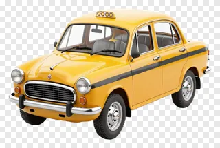 Vintage yellow Kolkata taxi viewed at an angled perspective.