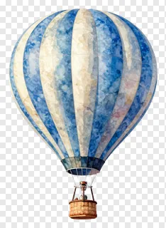 A blue and cream striped hot air balloon with a woven basket.