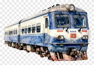 Watercolor illustration of a blue and white passenger train.
