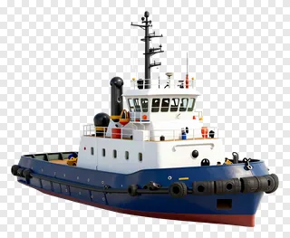 A blue and white tugboat without background.