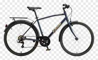 A blue bicycle with spoked wheels.