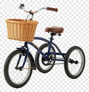 Blue three-wheeled bicycle with wicker basket attached to handlebars.