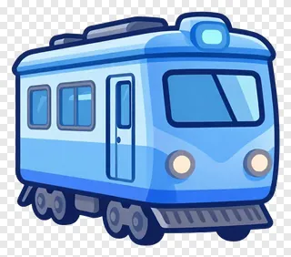 A blue cartoon train facing forward.