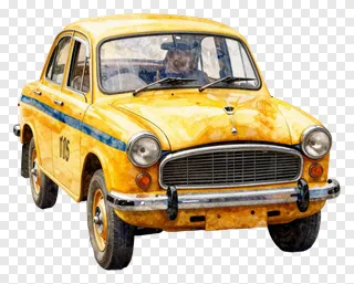 Vintage yellow taxi painted in watercolor with blue stripe.