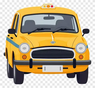 Front view of a yellow Kolkata taxi with blue stripe.