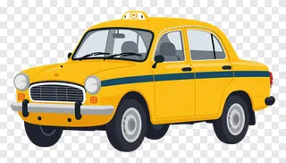Yellow Kolkata taxi viewed from the side front angle.