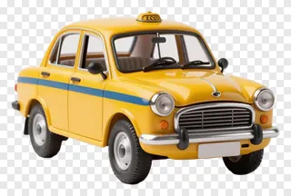 Classic yellow Kolkata taxi with blue stripe and lit rooftop sign.