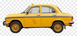 Side view of a bright yellow taxi with blue stripe.