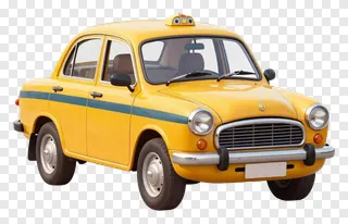 Classic yellow taxi with black bumper and blue stripe.