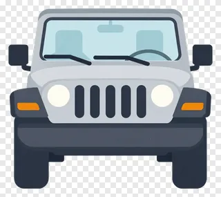 Gray jeep front view with round headlights.
