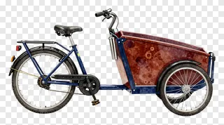 Blue cargo bike with ornamental red panel and wind chimes attached to front frame.