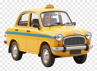 Yellow taxi with blue stripe on white background.