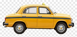 Side view of a yellow taxi with black stripe.