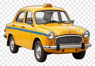 Classic yellow taxi with blue stripe and roof light.