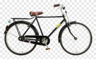A classic black bicycle with a brown leather seat.