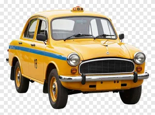 Classic yellow taxi with blue stripe and roof light.