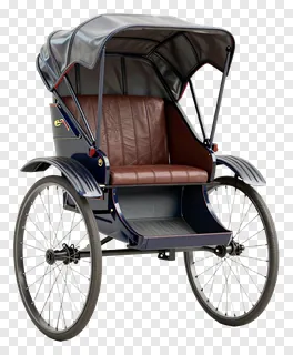 A classic covered rickshaw with leather seat and canopy.