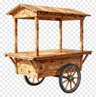 Wooden delivery cart with canopy and wheels.