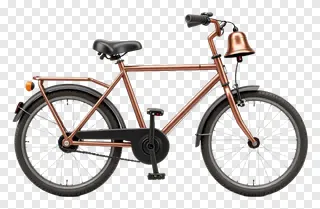 A bicycle with a copper bell on the handlebars.