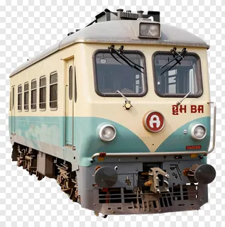 Front view of a cream and teal passenger train with red markings.