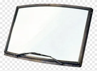 A curved glass windshield with a metal frame and wiper arm.