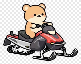 Cartoon bear riding a snowmobile on white background.