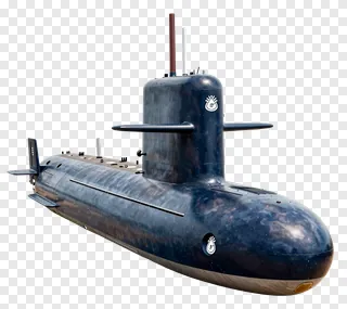 A dark blue submarine with a conning tower and periscope.