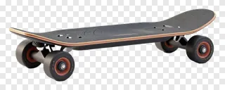 An electric skateboard with black wheels and a dark deck.